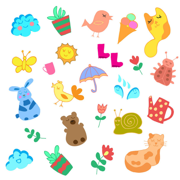 Set of hand drawn cute elements. Doodle vector illustration. Carrots, rabbit, bird, flowers for  seasonal design. Isolated on white background. - Vector, imagen