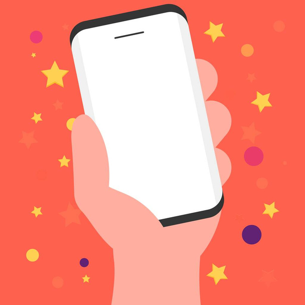 Рука держать смартфон mobil на фоне оранжевой звезды, векторная иллюстрация
 - Вектор,изображение
