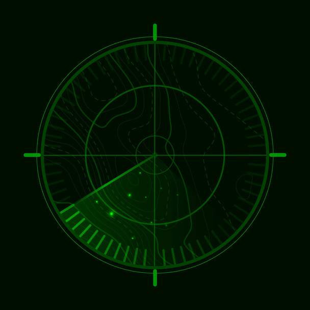 HUD Radaranzeige. Vektor grüner Radarschirm. Militärsuchsystem. - Vektor, Bild
