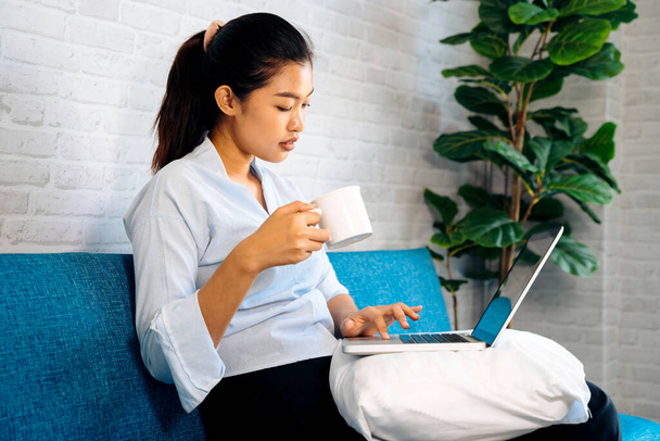 Young Asian woman working on laptop while holding and drinking coffee. Beautiful smiling girl sitting in a sofa while working at home - Photo, image