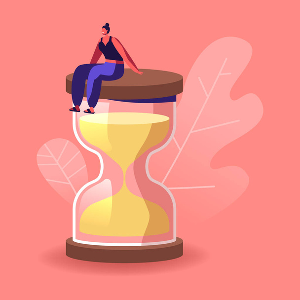 Female Character in Escape Room Conundrum. Woman Sit on Huge Hourglass, Time Management, Work Planning, Organization, Multitasking, Procrastination, Working Productivity. Cartoon Vector Illustration - Vector, Image