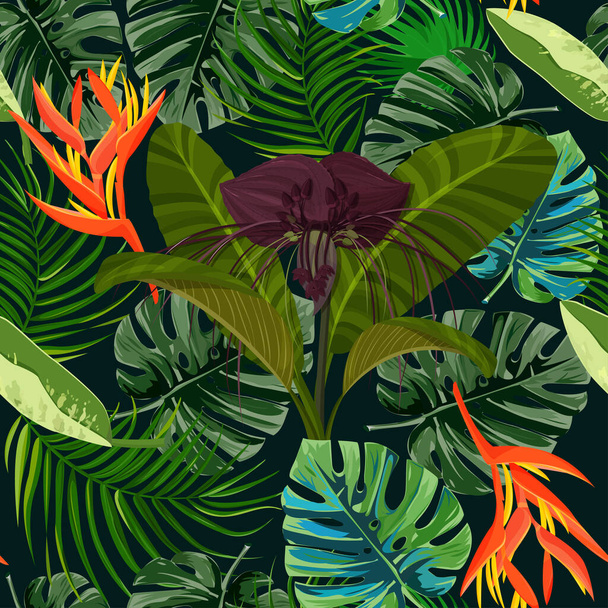 Tropikalny, egzotyczny wzór roślin bez szwu. Ciemnofioletowy kwiat Tacca i tło heliconia. - Wektor, obraz