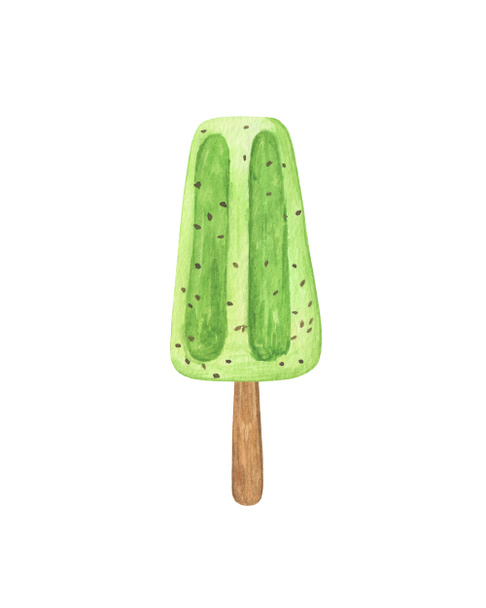 Kiwi Eis Eis Eis Eis fruchtig gefrorenen Saft auf einem Holzstab Aquarell Lebensmittel Illustration, süße einfache Nachspeise für Sommer oder Urlaub Design, handgezeichnete isolierte Bild auf dem weißen Hintergrund - Foto, Bild