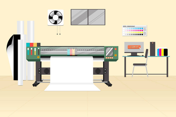Suuri formaatti tai laaja tulostin, jossa media huoneessa. Tasainen vektori suunnittelu mainonnan teollisuuden kone. Muokattavissa kerroksittain
. - Vektori, kuva