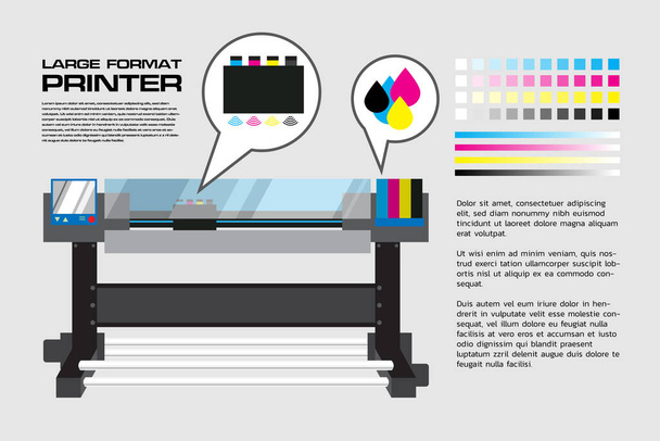 Impressora de grande formato com detalhes texto fictício, faixa e barras de cores. Fácil edição com ilustração vetorial de camada
. - Vetor, Imagem