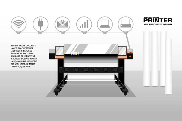 Принтер среднего формата, система струйной печати с беспроводной функцией. Различные печатные головки и форматы для печати многих продуктов, таких как баннер, вывески и наклейки
.  - Вектор,изображение
