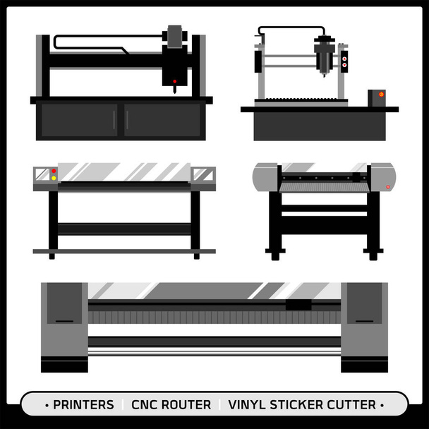 Signage shop machineries with CNC router, mini CNC, plotter, sticker cutter machine in dark theme colors - Vector, Image