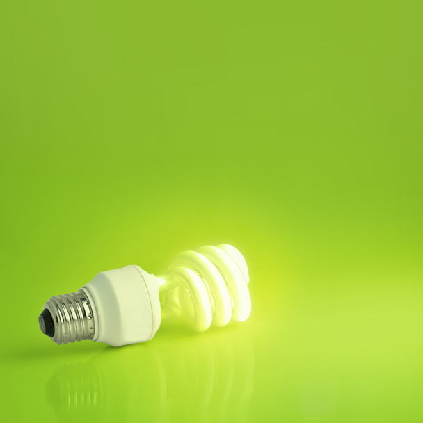 A vibrant presentation of a modern energy-saving light bulb lit on a lush green background. Plenty of copy-space, ideal for ecology, energy concepts - perfect for slides and presentations - Photo, Image