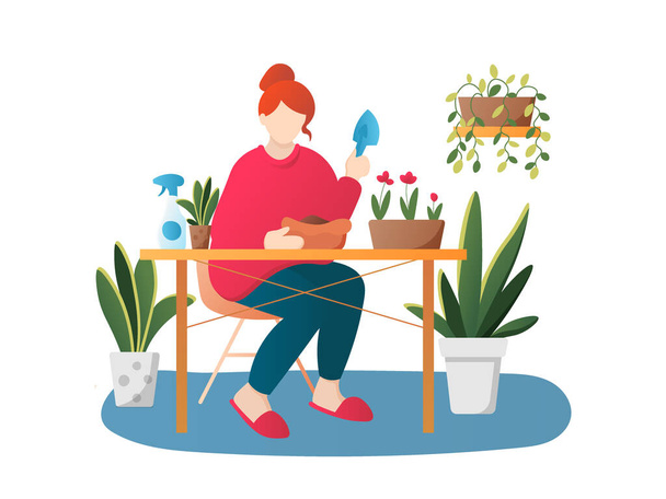 Woman planting flowers vector cartoon character. Girl with houseplants isolated on white. Female florist gardening vector illustration in flat style. Stay home activity - Vector, Image