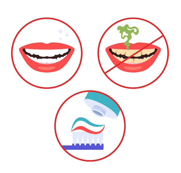 ブラシクリーンな歯の衛生手順指示隔離されたセット。ベクトルフラット漫画グラフィックデザインイラスト - ベクター画像