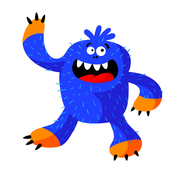 Cute Roaring Monster with Funny Face, Fangs, Blue Hairy Body and Claws. Alien or Big Foot with Long Sharp-clawed Arms - Vector, imagen