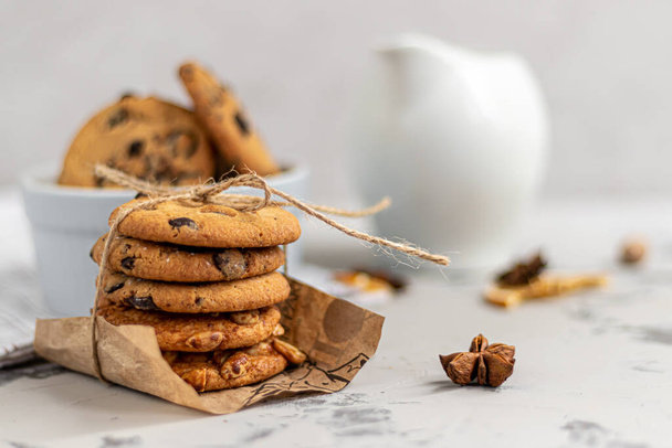 Chocolate Chip Cookies. Homemade baking. Round shape, not big. On a light gray background. Copy space - Fotoğraf, Görsel