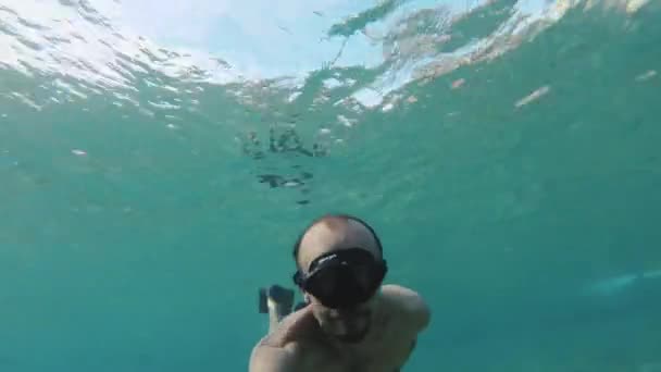 Freitaucher auf Korallen im Roten Meer, Dahab Ägypten, Mann schwimmt unter Wasser in blauem Meerwasser, voll hd - Filmmaterial, Video