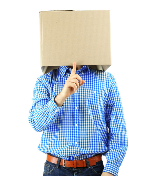 Man with cardboard box on his head isolated on white - Foto, Imagem
