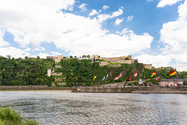 Koblenz, Germany May 2019. Panoramic view of The Ehrenbreitstein Fortress on the side of river Rhine in Koblenz. - Фото, зображення
