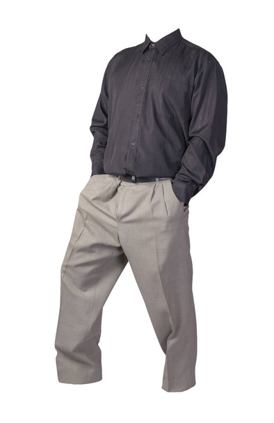 zwart herenshirt en lichtgrijze broek geïsoleerd op witte achtergrond. mode kleding - Foto, afbeelding