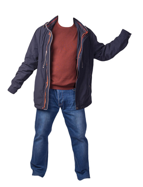 blue jacket,dark red  sweater and blue jeans isolated on white background. casual fashion clothes - Foto, Imagem