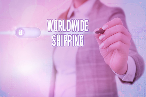 Nota de escritura que muestra Worldwide Shipping. Foto comercial mostrando flete marítimo entrega de mercancías envío internacional
. - Foto, imagen