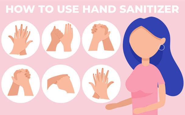 Lávate las manos con gel de alcohol. Higiene personal, procedimiento infográfico prevención de enfermedades limpias covid-19
. - Vector, Imagen