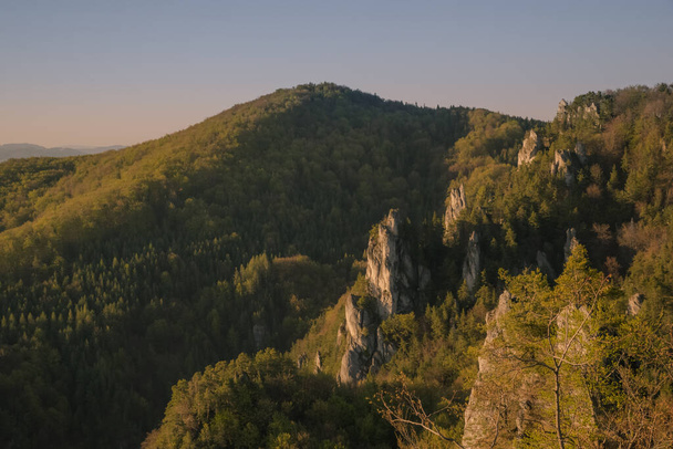 Vista sulla valle, dove le rocce sporgono tra gli alberi dal pendio della montagna
. - Foto, immagini