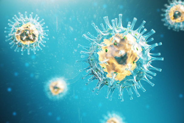 Blue germ virus bacteria 2019-nCov. Coronavirus helath crisis concept. Close up, 3D Rendering - Photo, Image
