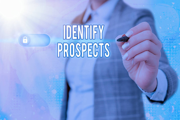 Writing note showing Identify Prospects. Business photo showcasing Possible client Ideal Customer Prospective Donors. - Photo, Image