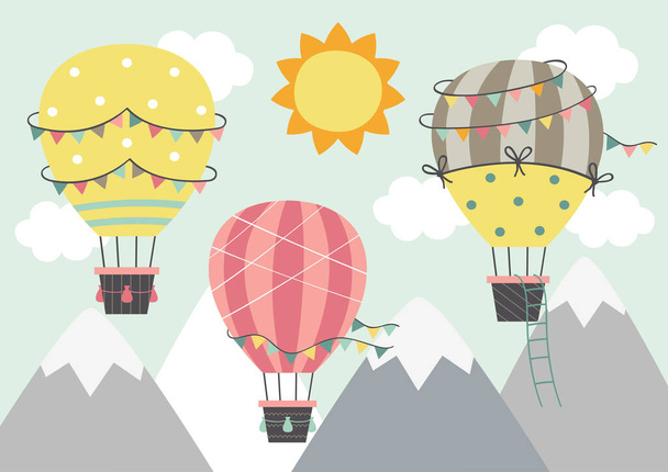 Drei Heißluftballons fliegen über die Berge - Vektorillustration, Folge  - Vektor, Bild