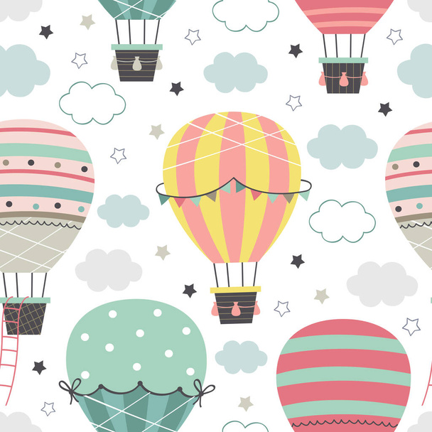 nahtloses Muster mit Heißluftballon am Himmel auf weißem Hintergrund - Vektor-Illustration, eps     - Vektor, Bild