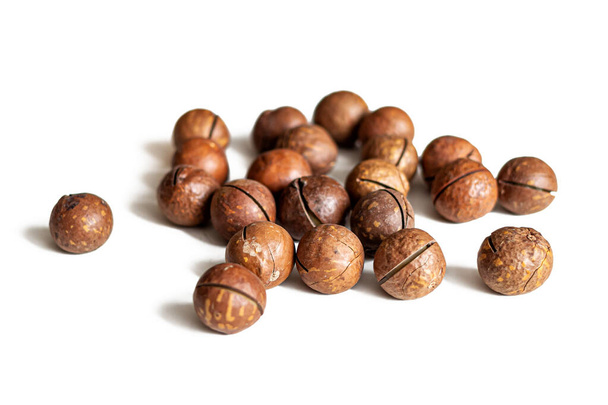 Australian macadamia nuts, almost perfect spherical shape with slits on the hard shell, isolated on a white background - Foto, Imagen