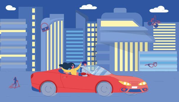 Gelukkig paar rijden auto op Night City Street - Vector, afbeelding
