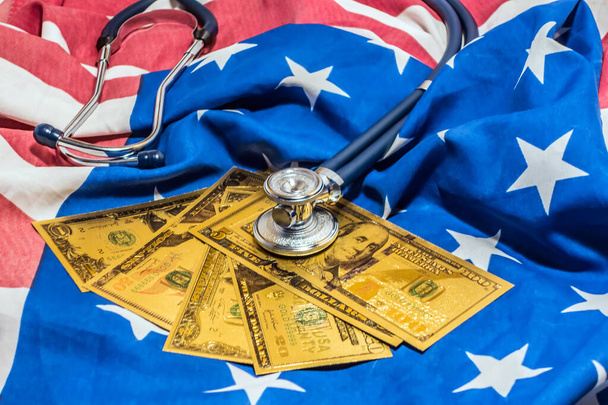 Quarantine usa city concept american national flag health care background of money dollars. - Photo, Image