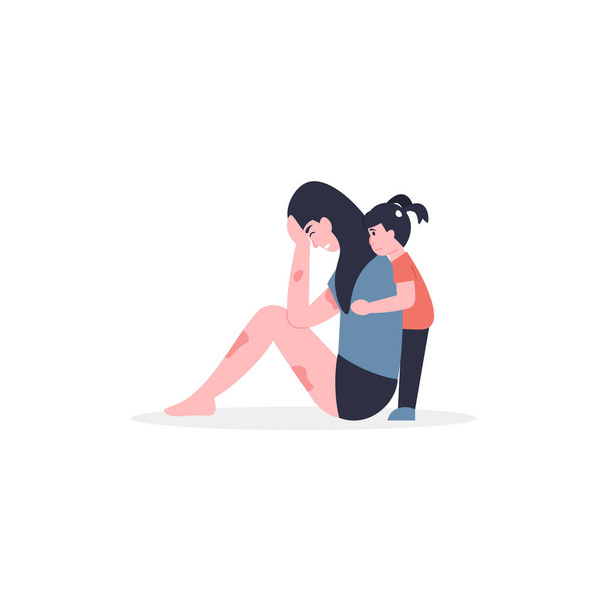 Domestic violence, the child comforting upset mom. Daughter hugs sad mother. Flat vector modern cartoon illustration. - Vector, Image
