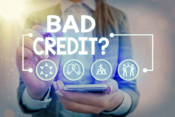 Słowo pisanie tekstu Bad Credit Pytanie. Koncepcja biznesowa dla historii, gdy wskazuje, że kredytobiorca ma wysokie ryzyko. - Zdjęcie, obraz