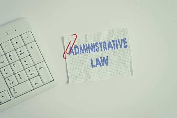 Writing note showing Administrative Law. Business photo showcasing Body of Rules regulations Orders created by a government White pc keyboard with empty note paper above white background. - Photo, Image