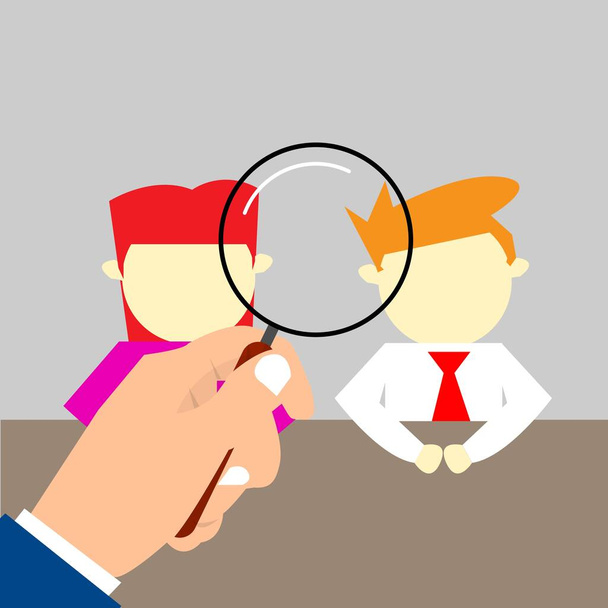 An illustration of hand holding magnifying glass searching for business worker. Recruitment new candidate during interview. Flat design of woman and man worker. Business concept. - Vector, Image