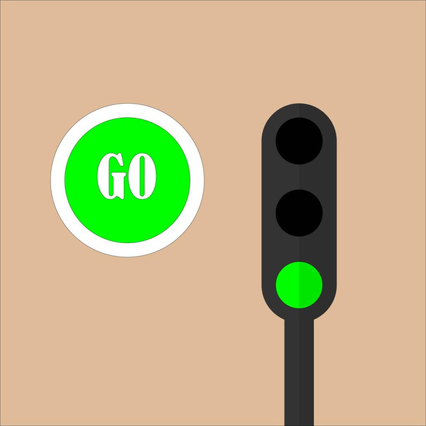 Grünes Licht an Ampelmast-Illustrationsvektor. Flaches Symbol. Green deutete an, dass sich der Transport verlagern werde. GO-Text im Kreis. - Vektor, Bild