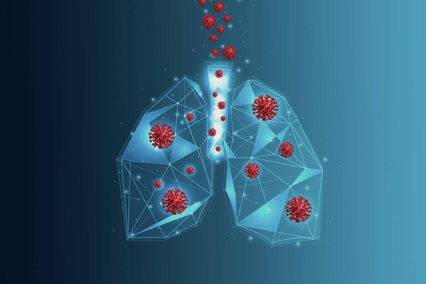 Wirus Coronavirus covid 19, wielokątny trójkąt geometryczny płuc, projekt ilustracji renderowania 3D, koncepcja medyczna i zdrowotna, epidemia ognisk chorób układu oddechowego, zapobieganie wybuchom pandemii nowych gatunków wirusów - Zdjęcie, obraz