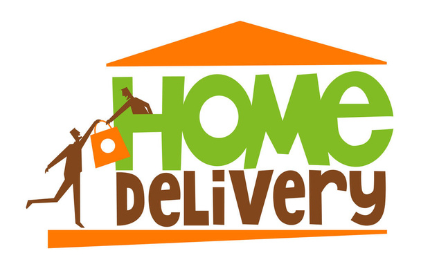 Home delivery typography with delivery man bringing food or groceries to man in a house because of coronavirus pandemic and quarantine. Logo or icon design. - Vector, Image