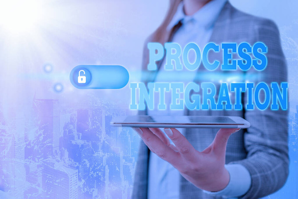 Znak tekstowy pokazujący Integrację Procesu. Zdjęcie koncepcyjne Łączność usług i informacji systemowych. - Zdjęcie, obraz