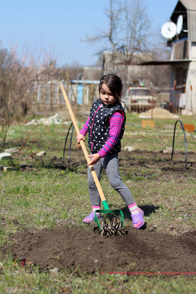 malá bělovlasá bělovlasá holčička s culíkem venku drží v rukou dlouhou dřevěnou hůl. Školka pomáhá rodičům na jarní zahradě - Fotografie, Obrázek