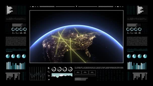 分析表示上の惑星地球3D 4k.北米での高速ライン、データ転送とデジタル接続のシンボル。世界技術HUDインターフェース. - 映像、動画