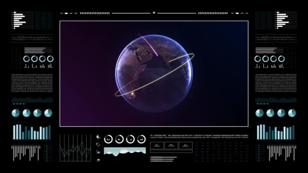 分析表示上の惑星地球。地上3次元アニメーション夜景。世界のデータ技術HUDインターフェイス。4k分解能. - 映像、動画