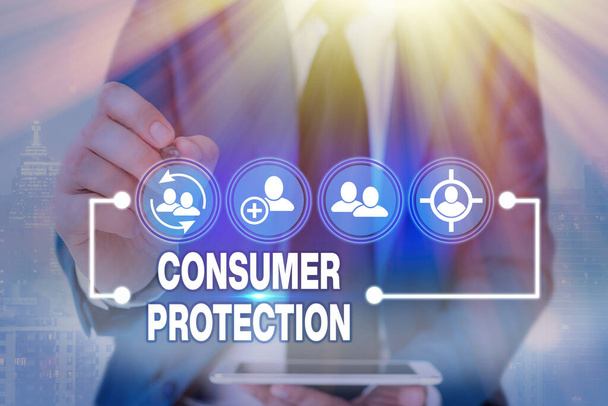 Tekst pisma odręcznego Ochrona konsumentów. Pojęcie "prawo sprawiedliwego handlu" w celu zapewnienia ochrony praw konsumentów. - Zdjęcie, obraz