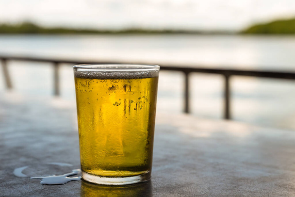 cerveja de ouro claro lager em um vidro transparente fica em uma mesa em um fundo embaçado do rio
 - Foto, Imagem
