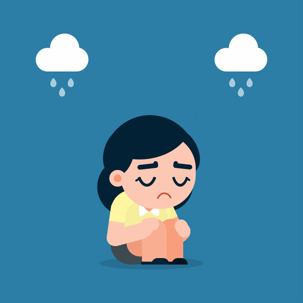 Smutna i zmęczona kobieta biznesu z depresją siedzi na podłodze, ilustracja wektor kreskówek. - Wektor, obraz