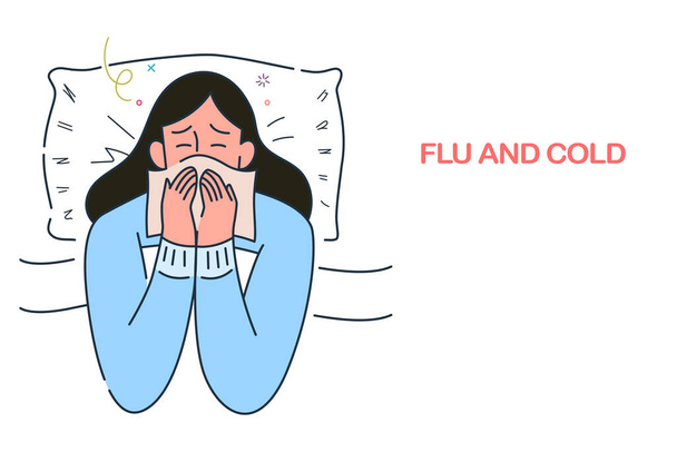 άρρωστη γυναίκα ξαπλωμένη στο κρεβάτι με γρίπη και κρύο κάτω από την κουβέρτα, αλλεργία εποχιακές λοιμώξεις, χέρι στυλ διανυσματική απεικόνιση. - Διάνυσμα, εικόνα