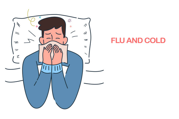 chory człowiek leżący w łóżku z grypą i przeziębieniem pod kocem, alergia sezonowe infekcje, ręcznie rysowany styl wektor ilustracja. - Wektor, obraz
