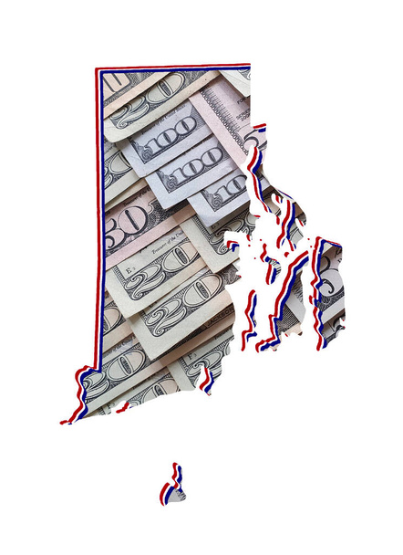 Amerikaanse dollar bankbiljetten vormen en de kaart van Rhode Island State en witte achtergrond - Foto, afbeelding