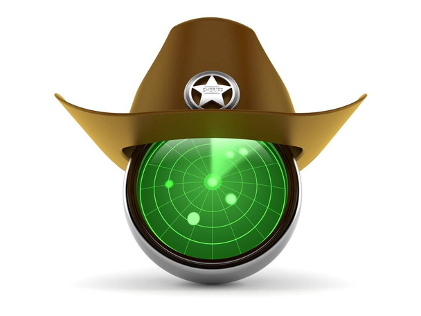 Radar avec chapeau de shérif isolé sur fond blanc. Illustration 3d
 - Photo, image