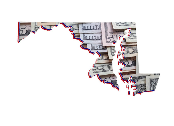 Amerikan doları banknotları oluşuyor ve Maryland State haritası ve beyaz arka plan - Fotoğraf, Görsel